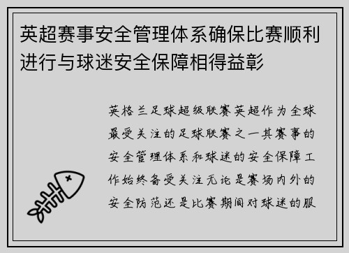 英超赛事安全管理体系确保比赛顺利进行与球迷安全保障相得益彰 英超赛事安全管理体系确保比赛顺利进行与球迷安全保障相得益彰